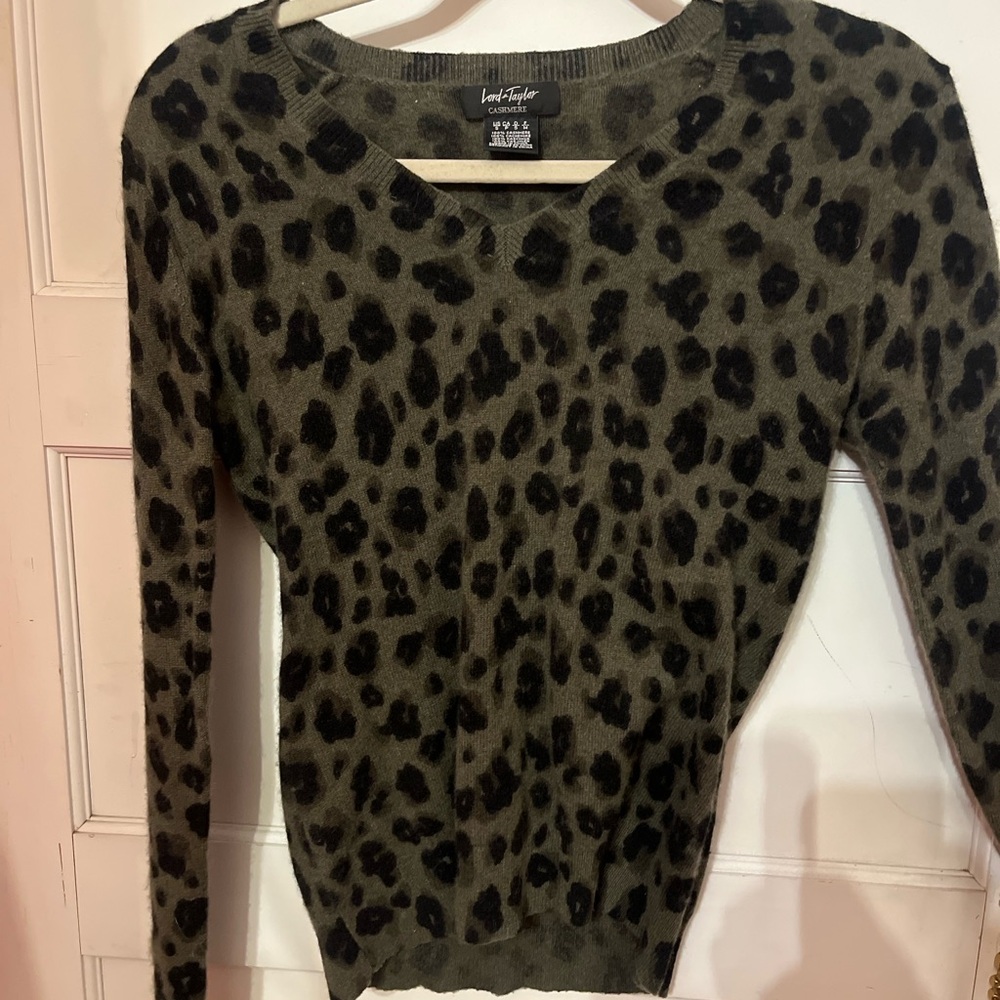 Lord & Taylor Olive Leopard Print Sweater